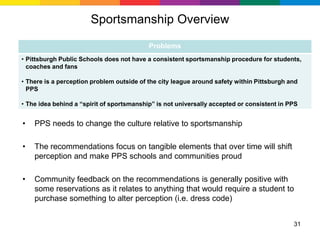 Sportsmanship Overview

                                           Problems
• Pittsburgh Public Schools does not have a consistent sportsmanship procedure for students,
  coaches and fans

• There is a perception problem outside of the city league around safety within Pittsburgh and
  PPS

• The idea behind a “spirit of sportsmanship” is not universally accepted or consistent in PPS


•   PPS needs to change the culture relative to sportsmanship

•   The recommendations focus on tangible elements that over time will shift
    perception and make PPS schools and communities proud

•   Community feedback on the recommendations is generally positive with
    some reservations as it relates to anything that would require a student to
    purchase something to alter perception (i.e. dress code)


                                                                                            31
 
