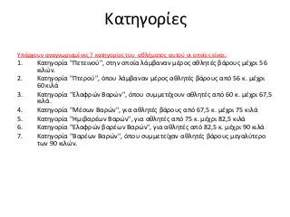 Κατηγορίες
Υπάρχουν αναγνωρισμένες 7 κατηγορίες του αθλήματος αυτού οι οποίες είναι:
1. Κατηγορία "Πετεινού", στην οποία λάμβαναν μέρος αθλητές βάρους μέχρι 56
κιλών.
2. Κατηγορία "Πτερού", όπου λάμβαναν μέρος αθλητές βάρους από 56 κ. μέχρι
60 κιλά
3. Κατηγορία "Ελαφρών Βαρών", όπου συμμετέχουν αθλητές από 60 κ. μέχρι 67,5
κιλά.
4. Κατηγορία "Μέσων Βαρών", για αθλητές βάρους από 67,5 κ. μέχρι 75 κιλά
5. Κατηγορία "Ημιβαρέων Βαρών", για αθλητές από 75 κ. μέχρι 82,5 κιλά
6. Κατηγορία "Ελαφρών βαρέων Βαρών", για αθλητές από 82,5 κ. μέχρι 90 κιλά
7. Κατηγορία "Βαρέων Βαρών", όπου συμμετείχαν αθλητές βάρους μεγαλύτερο
των 90 κιλών.
 