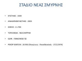 ΣΤΑΔΙΟ ΝΕΑΣ ΣΜΥΡΝΗΣ
• ΧΤΙΣΤΗΚΕ : 1939
• ΑΝΑΚΑΤΑΣΚΕΥΑΣΤΗΚΕ : 2003
• ΘΕΣΕΙΣ : 11.700
• ΤΟΠΟΘΕΣΙΑ : ΝΕΑ ΣΜΥΡΝΗ
• ΕΔΡΑ : ΠΑΝΙΩΝΙΟΣ ΓΣΣ
• ΡΕΚΟΡ ΘΕΑΤΩΝ : 20.950 (Πανιώνιος - Παναθηναϊκός - 27/1/1974)
 
