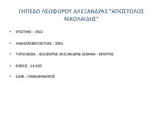 ΓΗΠΕΔΟ ΛΕΩΦΟΡΟΥ ΑΛΕΞΑΝΔΡΑΣ "ΑΠΟΣΤΟΛΟΣ
ΝΙΚΟΛΑΙΔΗΣ"
• ΧΤΙΣΤΗΚΕ : 1922
• ΑΝΑΚΑΤΑΣΚΕΥΑΣΤΗΚΕ : 2001
• ΤΟΠΟΘΕΣΙΑ : ΛΕΩΦΟΡΟΣ ΑΛΕΞΑΝΔΡΑΣ (ΑΘΗΝΑ - ΚΕΝΤΡΟ)
• ΘΕΣΕΙΣ : 16.620
• ΕΔΡΑ : ΠΑΝΑΘΗΝΑΪΚΟΣ
 
