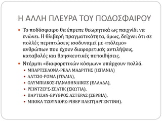 Η ΑΛΛΗ ΠΛΕΥΡΑ ΤΟΥ ΠΟΔΟΣΦΑΙΡΟΥ
 Το ποδόσφαιρο θα έπρεπε θεωρητικά ως παιχνίδι να
ενώνει. Η θλιβερή πραγματικότητα, όμως, δείχνει ότι σε
πολλές περιπτώσεις ισοδυναμεί με «πόλεμο»
ανθρώπων που έχουν διαφορετικές αντιλήψεις,
καταβολές και θρησκευτικές πεποιθήσεις.
 Ντέρμπι «διαφορετικών κόσμων» υπάρχουν πολλά.
 ΜΠΑΡΤΣΕΛΟΝΑ-ΡΕΑΛ ΜΑΔΡΙΤΗΣ (ΙΣΠΑΝΙΑ)
 ΛΑΤΣΙΟ-ΡΟΜΑ (ΙΤΑΛΙΑ),
 ΟΛΥΜΠΙΑΚΟΣ-ΠΑΝΑΘΗΝΑΙΚΟΣ (ΕΛΛΑΔΑ),
 ΡΕΙΝΤΖΕΡΣ-ΣΕΛΤΙΚ (ΣΚΩΤΙΑ),
 ΠΑΡΤΙΖΑΝ-ΕΡΥΘΡΟΣ ΑΣΤΕΡΑΣ (ΣΕΡΒΙΑ),
 ΜΠΟΚΑ ΤΖΟΥΝΙΟΡΣ-ΡΙΒΕΡ ΠΛΕΙΤ(ΑΡΓΕΝΤΙΝΗ).
 