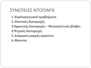 ΣΥΝΕΠΕΙΕΣ ΝΤΟΠΙΝΓΚ
1. Καρδιοαγγειακά προβλήματα
2. Ηπατικές διαταραχές
3.Ορμονικές διαταραχές – Μυοσκελετικές βλάβες
4.Ψυχικές διαταραχές
5. Διάφορεσ μορφές καρκίνου
6. Θάνατος
 
