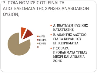 7. ΠΟΙΑ ΝΟΜΙΖΕΙΣ ΟΤΙ ΕΙΝΑΙ ΤΑ
ΑΠΟΤΕΛΕΣΜΑΤΑ ΤΗΣ ΧΡΗΣΗΣ ΑΝΑΒΟΛΙΚΩΝ
ΟΥΣΙΩΝ;
Α)7%
Β)11%
Γ)82%
 Α. ΒΕΛΤΙΩΣΗ ΦΥΣΙΚΗΣ
ΚΑΤΑΣΤΑΣΗΣ
 Β. ΑΘΛΗΤΗΣ ΛΑΣΤΙΧΟ
ΓΙΑ ΤΑ ΚΕΡΔΗ ΤΟΥ
ΕΠΙΧΕΙΡΗΜΑΤΙΑ
 Γ. ΣΟΒΑΡΑ
ΠΡΟΒΛΗΜΑΤΑ ΥΓΕΙΑΣ
ΜΕΧΡΙ ΚΑΙ ΑΠΩΛΕΙΑ
ΖΩΗΣ
 