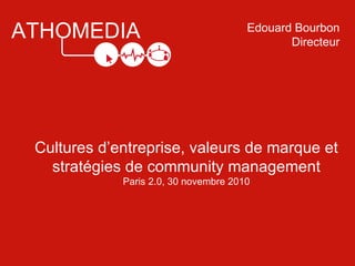 ATHOMEDIA Cultures d’entreprise, valeurs de marque et stratégies de community management Paris 2.0, 30 novembre 2010 Edouard Bourbon Directeur 