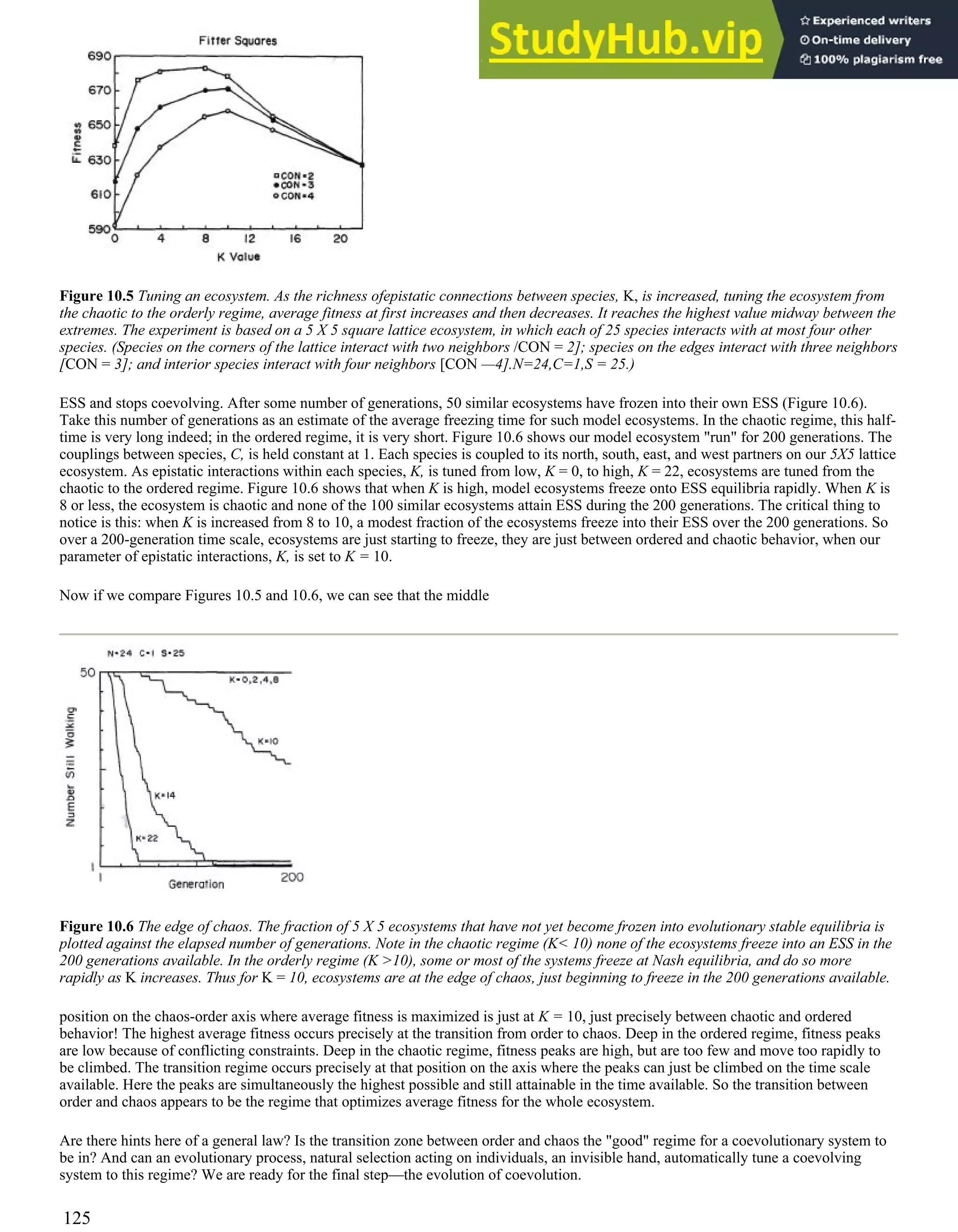 Figure 10.5 Tuning an ecosystem. As the richness ofepistatic connections between species, K, is increased, tuning the ecosystem from
the chaotic to the orderly regime, average fitness at first increases and then decreases. It reaches the highest value midway between the
extremes. The experiment is based on a 5 X 5 square lattice ecosystem, in which each of 25 species interacts with at most four other
species. (Species on the corners of the lattice interact with two neighbors /CON = 2]; species on the edges interact with three neighbors
[CON = 3]; and interior species interact with four neighbors [CON —4].N=24,C=1,S = 25.)
ESS and stops coevolving. After some number of generations, 50 similar ecosystems have frozen into their own ESS (Figure 10.6).
Take this number of generations as an estimate of the average freezing time for such model ecosystems. In the chaotic regime, this half-
time is very long indeed; in the ordered regime, it is very short. Figure 10.6 shows our model ecosystem "run" for 200 generations. The
couplings between species, C, is held constant at 1. Each species is coupled to its north, south, east, and west partners on our 5X5 lattice
ecosystem. As epistatic interactions within each species, K, is tuned from low, K = 0, to high, K = 22, ecosystems are tuned from the
chaotic to the ordered regime. Figure 10.6 shows that when K is high, model ecosystems freeze onto ESS equilibria rapidly. When K is
8 or less, the ecosystem is chaotic and none of the 100 similar ecosystems attain ESS during the 200 generations. The critical thing to
notice is this: when K is increased from 8 to 10, a modest fraction of the ecosystems freeze into their ESS over the 200 generations. So
over a 200-generation time scale, ecosystems are just starting to freeze, they are just between ordered and chaotic behavior, when our
parameter of epistatic interactions, K, is set to K = 10.
Now if we compare Figures 10.5 and 10.6, we can see that the middle
Figure 10.6 The edge of chaos. The fraction of 5 X 5 ecosystems that have not yet become frozen into evolutionary stable equilibria is
plotted against the elapsed number of generations. Note in the chaotic regime (K< 10) none of the ecosystems freeze into an ESS in the
200 generations available. In the orderly regime (K >10), some or most of the systems freeze at Nash equilibria, and do so more
rapidly as K increases. Thus for K = 10, ecosystems are at the edge of chaos, just beginning to freeze in the 200 generations available.
position on the chaos-order axis where average fitness is maximized is just at K = 10, just precisely between chaotic and ordered
behavior! The highest average fitness occurs precisely at the transition from order to chaos. Deep in the ordered regime, fitness peaks
are low because of conflicting constraints. Deep in the chaotic regime, fitness peaks are high, but are too few and move too rapidly to
be climbed. The transition regime occurs precisely at that position on the axis where the peaks can just be climbed on the time scale
available. Here the peaks are simultaneously the highest possible and still attainable in the time available. So the transition between
order and chaos appears to be the regime that optimizes average fitness for the whole ecosystem.
Are there hints here of a general law? Is the transition zone between order and chaos the "good" regime for a coevolutionary system to
be in? And can an evolutionary process, natural selection acting on individuals, an invisible hand, automatically tune a coevolving
system to this regime? We are ready for the final step—the evolution of coevolution.
125
 