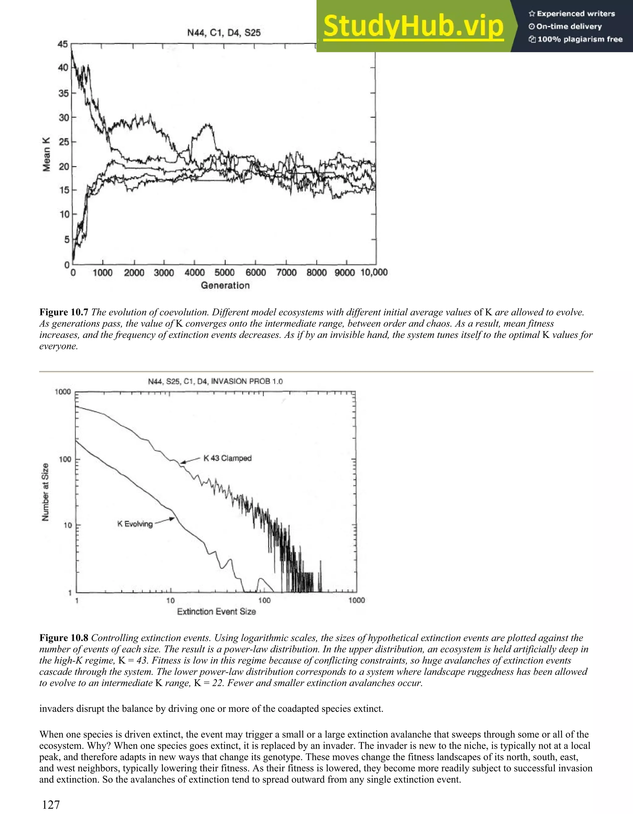 Figure 10.7 The evolution of coevolution. Different model ecosystems with different initial average values of K are allowed to evolve.
As generations pass, the value of K converges onto the intermediate range, between order and chaos. As a result, mean fitness
increases, and the frequency of extinction events decreases. As if by an invisible hand, the system tunes itself to the optimal K values for
everyone.
Figure 10.8 Controlling extinction events. Using logarithmic scales, the sizes of hypothetical extinction events are plotted against the
number of events of each size. The result is a power-law distribution. In the upper distribution, an ecosystem is held artificially deep in
the high-K regime, K = 43. Fitness is low in this regime because of conflicting constraints, so huge avalanches of extinction events
cascade through the system. The lower power-law distribution corresponds to a system where landscape ruggedness has been allowed
to evolve to an intermediate K range, K = 22. Fewer and smaller extinction avalanches occur.
invaders disrupt the balance by driving one or more of the coadapted species extinct.
When one species is driven extinct, the event may trigger a small or a large extinction avalanche that sweeps through some or all of the
ecosystem. Why? When one species goes extinct, it is replaced by an invader. The invader is new to the niche, is typically not at a local
peak, and therefore adapts in new ways that change its genotype. These moves change the fitness landscapes of its north, south, east,
and west neighbors, typically lowering their fitness. As their fitness is lowered, they become more readily subject to successful invasion
and extinction. So the avalanches of extinction tend to spread outward from any single extinction event.
127
 
