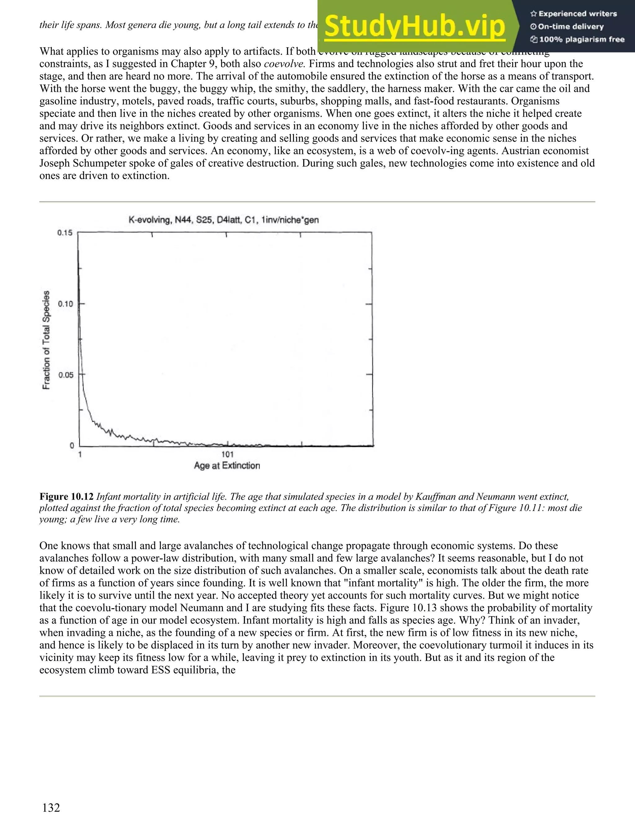 their life spans. Most genera die young, but a long tail extends to the right.
What applies to organisms may also apply to artifacts. If both evolve on rugged landscapes because of conflicting
constraints, as I suggested in Chapter 9, both also coevolve. Firms and technologies also strut and fret their hour upon the
stage, and then are heard no more. The arrival of the automobile ensured the extinction of the horse as a means of transport.
With the horse went the buggy, the buggy whip, the smithy, the saddlery, the harness maker. With the car came the oil and
gasoline industry, motels, paved roads, traffic courts, suburbs, shopping malls, and fast-food restaurants. Organisms
speciate and then live in the niches created by other organisms. When one goes extinct, it alters the niche it helped create
and may drive its neighbors extinct. Goods and services in an economy live in the niches afforded by other goods and
services. Or rather, we make a living by creating and selling goods and services that make economic sense in the niches
afforded by other goods and services. An economy, like an ecosystem, is a web of coevolv-ing agents. Austrian economist
Joseph Schumpeter spoke of gales of creative destruction. During such gales, new technologies come into existence and old
ones are driven to extinction.
Figure 10.12 Infant mortality in artificial life. The age that simulated species in a model by Kauffman and Neumann went extinct,
plotted against the fraction of total species becoming extinct at each age. The distribution is similar to that of Figure 10.11: most die
young; a few live a very long time.
One knows that small and large avalanches of technological change propagate through economic systems. Do these
avalanches follow a power-law distribution, with many small and few large avalanches? It seems reasonable, but I do not
know of detailed work on the size distribution of such avalanches. On a smaller scale, economists talk about the death rate
of firms as a function of years since founding. It is well known that "infant mortality" is high. The older the firm, the more
likely it is to survive until the next year. No accepted theory yet accounts for such mortality curves. But we might notice
that the coevolu-tionary model Neumann and I are studying fits these facts. Figure 10.13 shows the probability of mortality
as a function of age in our model ecosystem. Infant mortality is high and falls as species age. Why? Think of an invader,
when invading a niche, as the founding of a new species or firm. At first, the new firm is of low fitness in its new niche,
and hence is likely to be displaced in its turn by another new invader. Moreover, the coevolutionary turmoil it induces in its
vicinity may keep its fitness low for a while, leaving it prey to extinction in its youth. But as it and its region of the
ecosystem climb toward ESS equilibria, the
132
 
