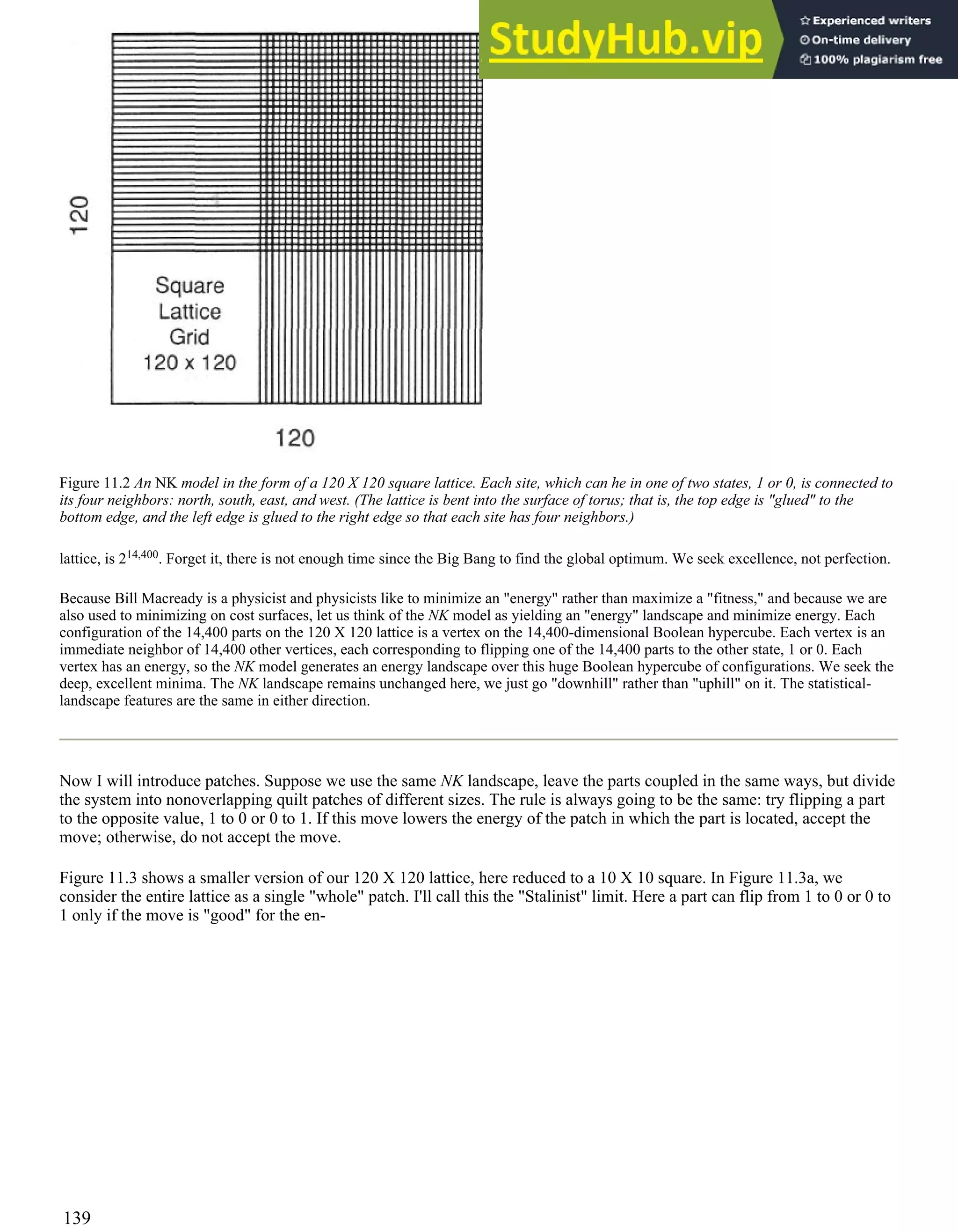 Figure 11.2 An NK model in the form of a 120 X 120 square lattice. Each site, which can he in one of two states, 1 or 0, is connected to
its four neighbors: north, south, east, and west. (The lattice is bent into the surface of torus; that is, the top edge is "glued" to the
bottom edge, and the left edge is glued to the right edge so that each site has four neighbors.)
lattice, is 214,400. Forget it, there is not enough time since the Big Bang to find the global optimum. We seek excellence, not perfection.
Because Bill Macready is a physicist and physicists like to minimize an "energy" rather than maximize a "fitness," and because we are
also used to minimizing on cost surfaces, let us think of the NK model as yielding an "energy" landscape and minimize energy. Each
configuration of the 14,400 parts on the 120 X 120 lattice is a vertex on the 14,400-dimensional Boolean hypercube. Each vertex is an
immediate neighbor of 14,400 other vertices, each corresponding to flipping one of the 14,400 parts to the other state, 1 or 0. Each
vertex has an energy, so the NK model generates an energy landscape over this huge Boolean hypercube of configurations. We seek the
deep, excellent minima. The NK landscape remains unchanged here, we just go "downhill" rather than "uphill" on it. The statistical-
landscape features are the same in either direction.
Now I will introduce patches. Suppose we use the same NK landscape, leave the parts coupled in the same ways, but divide
the system into nonoverlapping quilt patches of different sizes. The rule is always going to be the same: try flipping a part
to the opposite value, 1 to 0 or 0 to 1. If this move lowers the energy of the patch in which the part is located, accept the
move; otherwise, do not accept the move.
Figure 11.3 shows a smaller version of our 120 X 120 lattice, here reduced to a 10 X 10 square. In Figure 11.3a, we
consider the entire lattice as a single "whole" patch. I'll call this the "Stalinist" limit. Here a part can flip from 1 to 0 or 0 to
1 only if the move is "good" for the en-
139
 