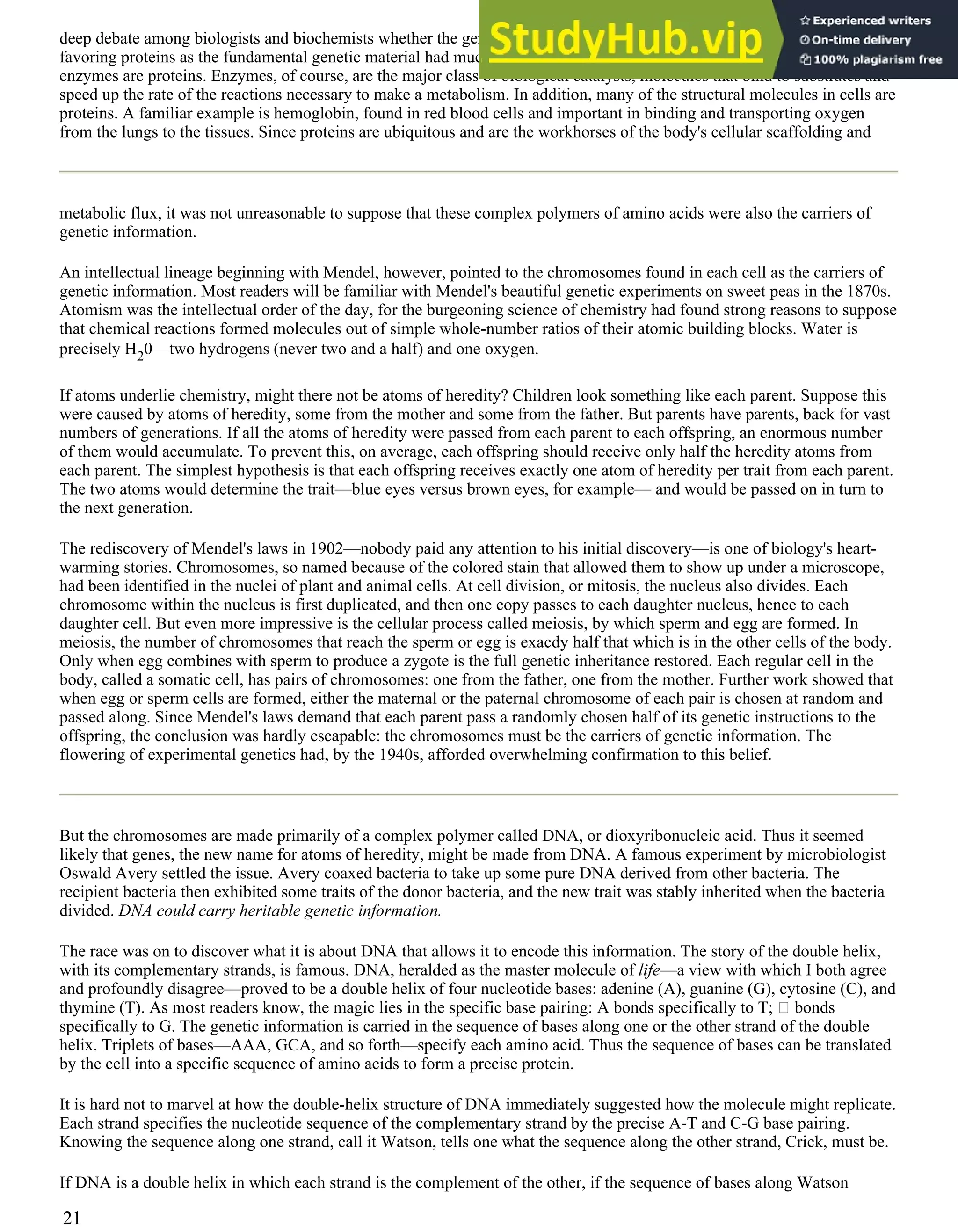 deep debate among biologists and biochemists whether the genetic material would prove to be protein or DNA. Those
favoring proteins as the fundamental genetic material had much to say in favor of their hypothesis: most notably, almost all
enzymes are proteins. Enzymes, of course, are the major class of biological catalysts, molecules that bind to substrates and
speed up the rate of the reactions necessary to make a metabolism. In addition, many of the structural molecules in cells are
proteins. A familiar example is hemoglobin, found in red blood cells and important in binding and transporting oxygen
from the lungs to the tissues. Since proteins are ubiquitous and are the workhorses of the body's cellular scaffolding and
metabolic flux, it was not unreasonable to suppose that these complex polymers of amino acids were also the carriers of
genetic information.
An intellectual lineage beginning with Mendel, however, pointed to the chromosomes found in each cell as the carriers of
genetic information. Most readers will be familiar with Mendel's beautiful genetic experiments on sweet peas in the 1870s.
Atomism was the intellectual order of the day, for the burgeoning science of chemistry had found strong reasons to suppose
that chemical reactions formed molecules out of simple whole-number ratios of their atomic building blocks. Water is
precisely H20—two hydrogens (never two and a half) and one oxygen.
If atoms underlie chemistry, might there not be atoms of heredity? Children look something like each parent. Suppose this
were caused by atoms of heredity, some from the mother and some from the father. But parents have parents, back for vast
numbers of generations. If all the atoms of heredity were passed from each parent to each offspring, an enormous number
of them would accumulate. To prevent this, on average, each offspring should receive only half the heredity atoms from
each parent. The simplest hypothesis is that each offspring receives exactly one atom of heredity per trait from each parent.
The two atoms would determine the trait—blue eyes versus brown eyes, for example— and would be passed on in turn to
the next generation.
The rediscovery of Mendel's laws in 1902—nobody paid any attention to his initial discovery—is one of biology's heart-
warming stories. Chromosomes, so named because of the colored stain that allowed them to show up under a microscope,
had been identified in the nuclei of plant and animal cells. At cell division, or mitosis, the nucleus also divides. Each
chromosome within the nucleus is first duplicated, and then one copy passes to each daughter nucleus, hence to each
daughter cell. But even more impressive is the cellular process called meiosis, by which sperm and egg are formed. In
meiosis, the number of chromosomes that reach the sperm or egg is exacdy half that which is in the other cells of the body.
Only when egg combines with sperm to produce a zygote is the full genetic inheritance restored. Each regular cell in the
body, called a somatic cell, has pairs of chromosomes: one from the father, one from the mother. Further work showed that
when egg or sperm cells are formed, either the maternal or the paternal chromosome of each pair is chosen at random and
passed along. Since Mendel's laws demand that each parent pass a randomly chosen half of its genetic instructions to the
offspring, the conclusion was hardly escapable: the chromosomes must be the carriers of genetic information. The
flowering of experimental genetics had, by the 1940s, afforded overwhelming confirmation to this belief.
But the chromosomes are made primarily of a complex polymer called DNA, or dioxyribonucleic acid. Thus it seemed
likely that genes, the new name for atoms of heredity, might be made from DNA. A famous experiment by microbiologist
Oswald Avery settled the issue. Avery coaxed bacteria to take up some pure DNA derived from other bacteria. The
recipient bacteria then exhibited some traits of the donor bacteria, and the new trait was stably inherited when the bacteria
divided. DNA could carry heritable genetic information.
The race was on to discover what it is about DNA that allows it to encode this information. The story of the double helix,
with its complementary strands, is famous. DNA, heralded as the master molecule of life—a view with which I both agree
and profoundly disagree—proved to be a double helix of four nucleotide bases: adenine (A), guanine (G), cytosine (C), and
thymine (T). As most readers know, the magic lies in the specific base pairing: A bonds specifically to T; bonds
specifically to G. The genetic information is carried in the sequence of bases along one or the other strand of the double
helix. Triplets of bases—AAA, GCA, and so forth—specify each amino acid. Thus the sequence of bases can be translated
by the cell into a specific sequence of amino acids to form a precise protein.
It is hard not to marvel at how the double-helix structure of DNA immediately suggested how the molecule might replicate.
Each strand specifies the nucleotide sequence of the complementary strand by the precise A-T and C-G base pairing.
Knowing the sequence along one strand, call it Watson, tells one what the sequence along the other strand, Crick, must be.
If DNA is a double helix in which each strand is the complement of the other, if the sequence of bases along Watson
21
 
