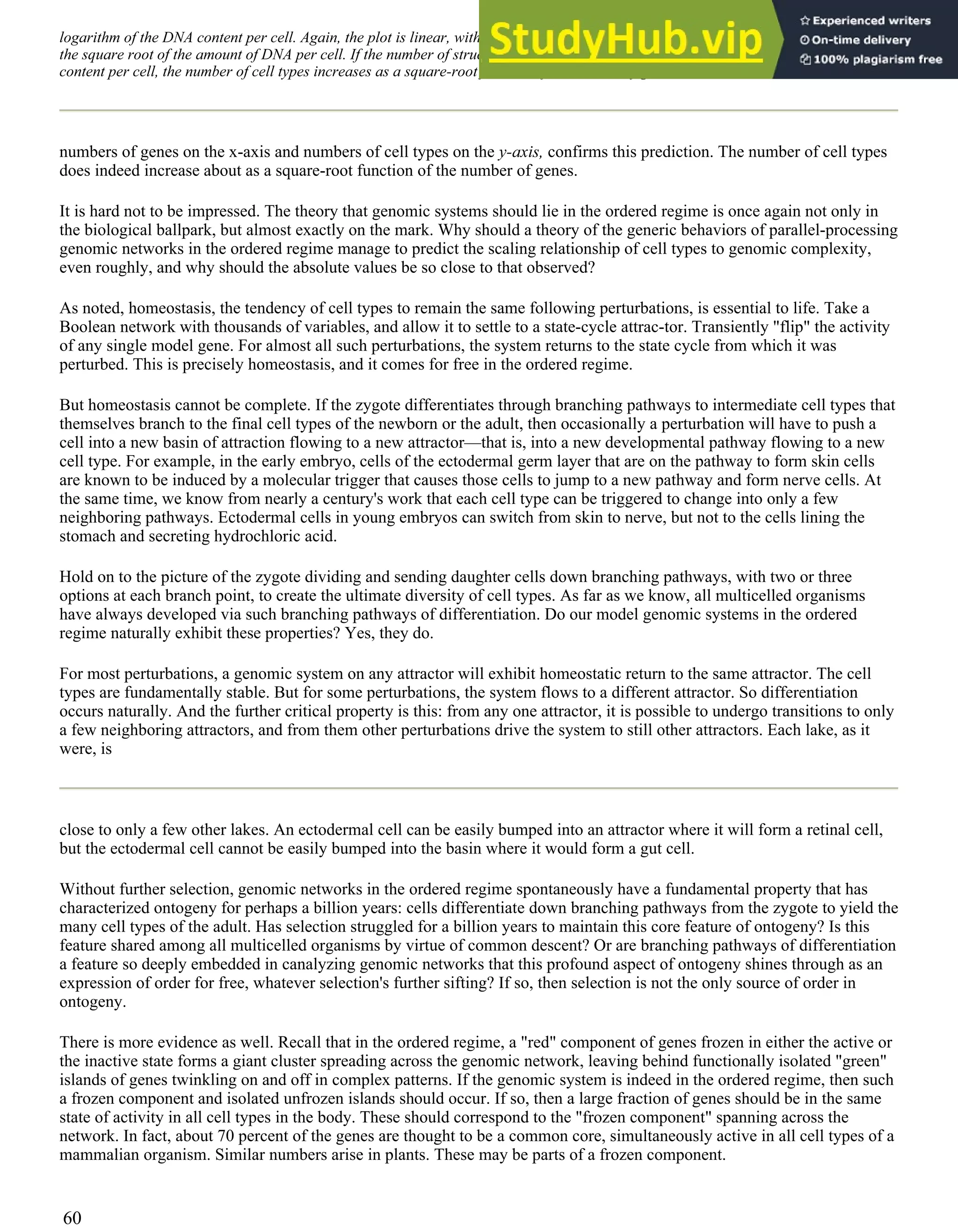 logarithm of the DNA content per cell. Again, the plot is linear, with a slope of 05, indicating that the number of cell types increases as
the square root of the amount of DNA per cell. If the number of structural and regulatory genes is assumed proportional to the DNA
content per cell, the number of cell types increases as a square-root function of the number of genes.
numbers of genes on the x-axis and numbers of cell types on the y-axis, confirms this prediction. The number of cell types
does indeed increase about as a square-root function of the number of genes.
It is hard not to be impressed. The theory that genomic systems should lie in the ordered regime is once again not only in
the biological ballpark, but almost exactly on the mark. Why should a theory of the generic behaviors of parallel-processing
genomic networks in the ordered regime manage to predict the scaling relationship of cell types to genomic complexity,
even roughly, and why should the absolute values be so close to that observed?
As noted, homeostasis, the tendency of cell types to remain the same following perturbations, is essential to life. Take a
Boolean network with thousands of variables, and allow it to settle to a state-cycle attrac-tor. Transiently "flip" the activity
of any single model gene. For almost all such perturbations, the system returns to the state cycle from which it was
perturbed. This is precisely homeostasis, and it comes for free in the ordered regime.
But homeostasis cannot be complete. If the zygote differentiates through branching pathways to intermediate cell types that
themselves branch to the final cell types of the newborn or the adult, then occasionally a perturbation will have to push a
cell into a new basin of attraction flowing to a new attractor—that is, into a new developmental pathway flowing to a new
cell type. For example, in the early embryo, cells of the ectodermal germ layer that are on the pathway to form skin cells
are known to be induced by a molecular trigger that causes those cells to jump to a new pathway and form nerve cells. At
the same time, we know from nearly a century's work that each cell type can be triggered to change into only a few
neighboring pathways. Ectodermal cells in young embryos can switch from skin to nerve, but not to the cells lining the
stomach and secreting hydrochloric acid.
Hold on to the picture of the zygote dividing and sending daughter cells down branching pathways, with two or three
options at each branch point, to create the ultimate diversity of cell types. As far as we know, all multicelled organisms
have always developed via such branching pathways of differentiation. Do our model genomic systems in the ordered
regime naturally exhibit these properties? Yes, they do.
For most perturbations, a genomic system on any attractor will exhibit homeostatic return to the same attractor. The cell
types are fundamentally stable. But for some perturbations, the system flows to a different attractor. So differentiation
occurs naturally. And the further critical property is this: from any one attractor, it is possible to undergo transitions to only
a few neighboring attractors, and from them other perturbations drive the system to still other attractors. Each lake, as it
were, is
close to only a few other lakes. An ectodermal cell can be easily bumped into an attractor where it will form a retinal cell,
but the ectodermal cell cannot be easily bumped into the basin where it would form a gut cell.
Without further selection, genomic networks in the ordered regime spontaneously have a fundamental property that has
characterized ontogeny for perhaps a billion years: cells differentiate down branching pathways from the zygote to yield the
many cell types of the adult. Has selection struggled for a billion years to maintain this core feature of ontogeny? Is this
feature shared among all multicelled organisms by virtue of common descent? Or are branching pathways of differentiation
a feature so deeply embedded in canalyzing genomic networks that this profound aspect of ontogeny shines through as an
expression of order for free, whatever selection's further sifting? If so, then selection is not the only source of order in
ontogeny.
There is more evidence as well. Recall that in the ordered regime, a "red" component of genes frozen in either the active or
the inactive state forms a giant cluster spreading across the genomic network, leaving behind functionally isolated "green"
islands of genes twinkling on and off in complex patterns. If the genomic system is indeed in the ordered regime, then such
a frozen component and isolated unfrozen islands should occur. If so, then a large fraction of genes should be in the same
state of activity in all cell types in the body. These should correspond to the "frozen component" spanning across the
network. In fact, about 70 percent of the genes are thought to be a common core, simultaneously active in all cell types of a
mammalian organism. Similar numbers arise in plants. These may be parts of a frozen component.
60
 