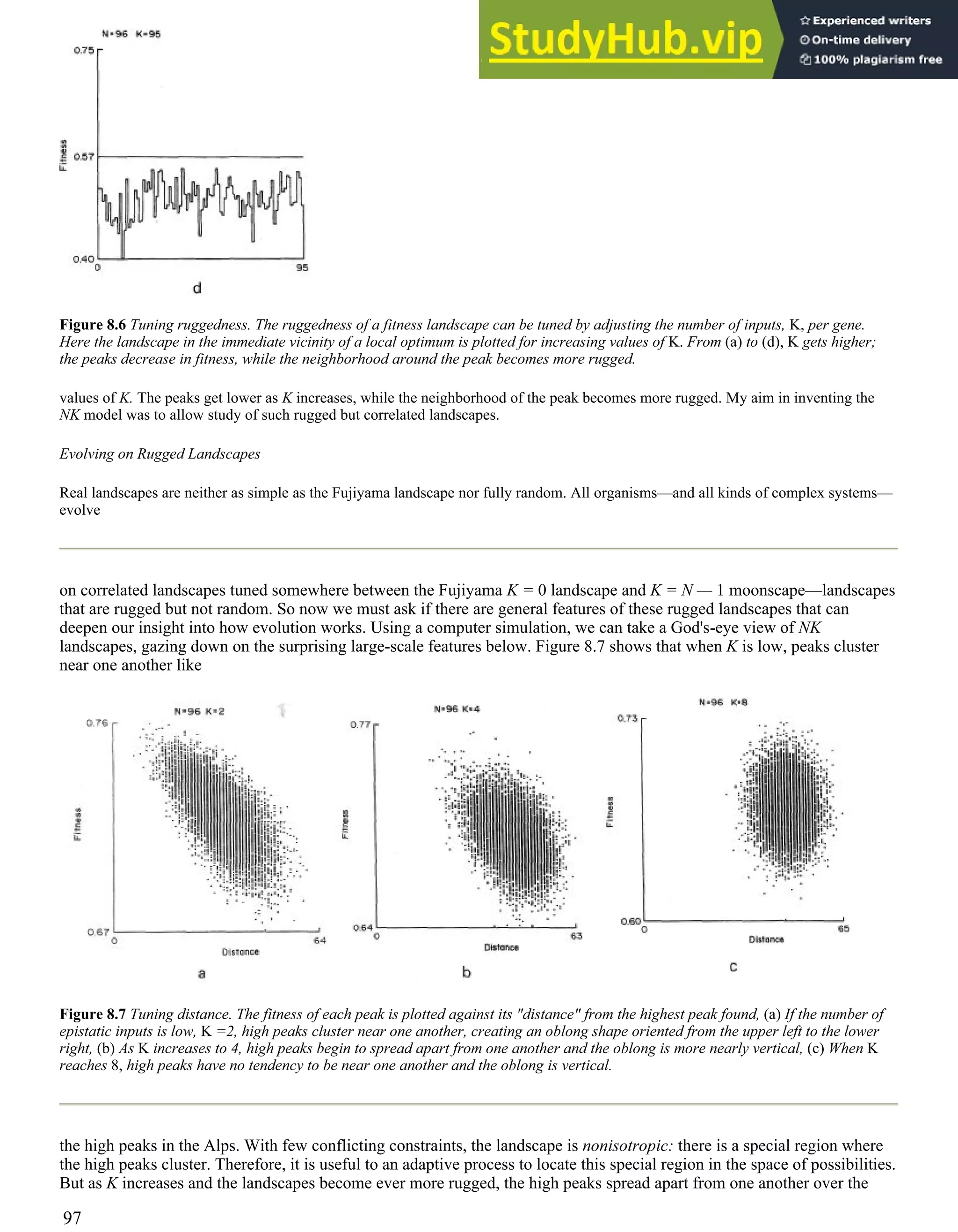 Figure 8.6 Tuning ruggedness. The ruggedness of a fitness landscape can be tuned by adjusting the number of inputs, K, per gene.
Here the landscape in the immediate vicinity of a local optimum is plotted for increasing values of K. From (a) to (d), K gets higher;
the peaks decrease in fitness, while the neighborhood around the peak becomes more rugged.
values of K. The peaks get lower as K increases, while the neighborhood of the peak becomes more rugged. My aim in inventing the
NK model was to allow study of such rugged but correlated landscapes.
Evolving on Rugged Landscapes
Real landscapes are neither as simple as the Fujiyama landscape nor fully random. All organisms—and all kinds of complex systems—
evolve
on correlated landscapes tuned somewhere between the Fujiyama K = 0 landscape and K = N — 1 moonscape—landscapes
that are rugged but not random. So now we must ask if there are general features of these rugged landscapes that can
deepen our insight into how evolution works. Using a computer simulation, we can take a God's-eye view of NK
landscapes, gazing down on the surprising large-scale features below. Figure 8.7 shows that when K is low, peaks cluster
near one another like
Figure 8.7 Tuning distance. The fitness of each peak is plotted against its "distance" from the highest peak found, (a) If the number of
epistatic inputs is low, K =2, high peaks cluster near one another, creating an oblong shape oriented from the upper left to the lower
right, (b) As K increases to 4, high peaks begin to spread apart from one another and the oblong is more nearly vertical, (c) When K
reaches 8, high peaks have no tendency to be near one another and the oblong is vertical.
the high peaks in the Alps. With few conflicting constraints, the landscape is nonisotropic: there is a special region where
the high peaks cluster. Therefore, it is useful to an adaptive process to locate this special region in the space of possibilities.
But as K increases and the landscapes become ever more rugged, the high peaks spread apart from one another over the
97
 