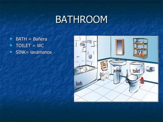 BATHROOM BATH = Bañera TOILET = WC SINK= lavamanos 