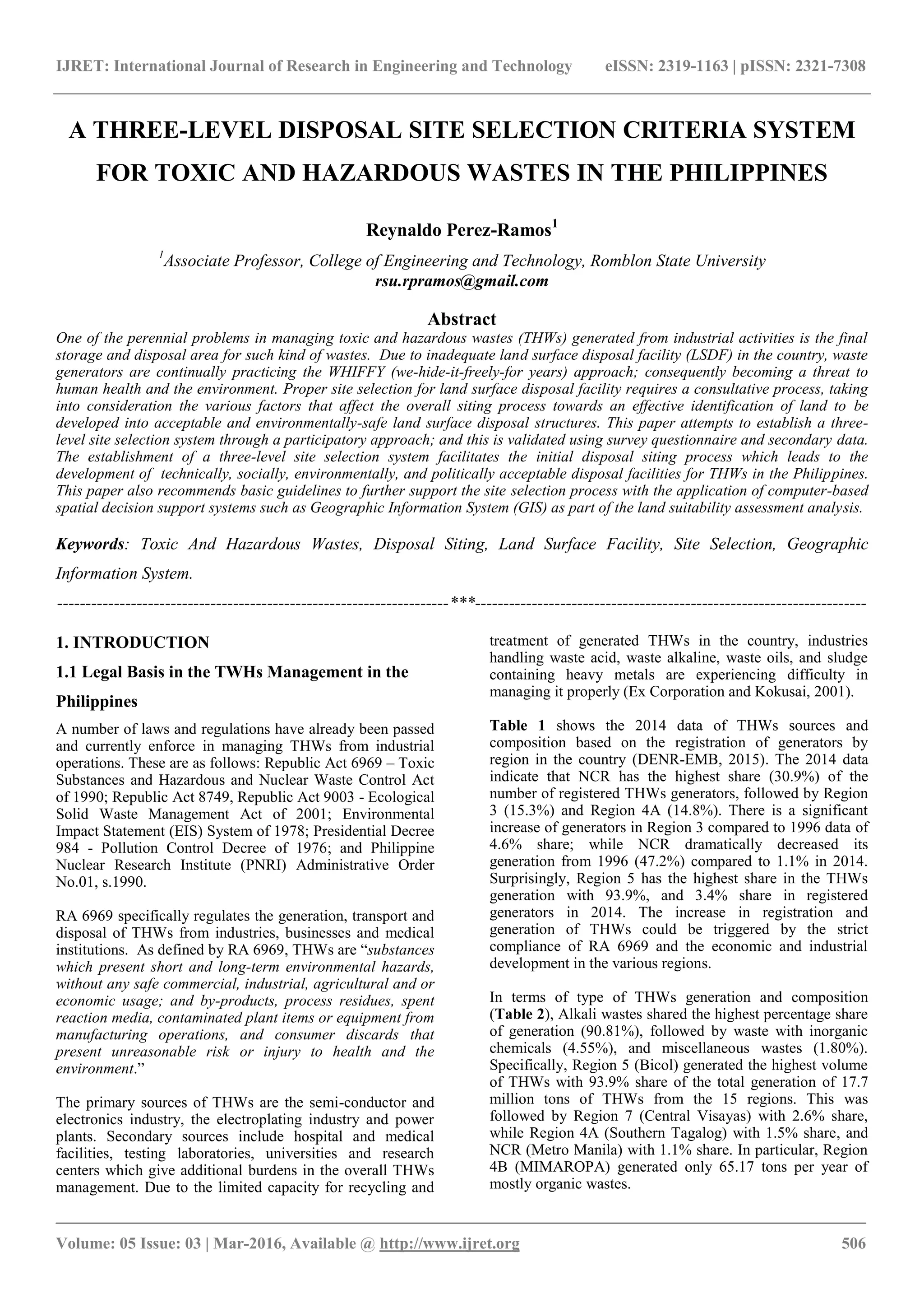 A three level disposal site selection criteria system for toxic and