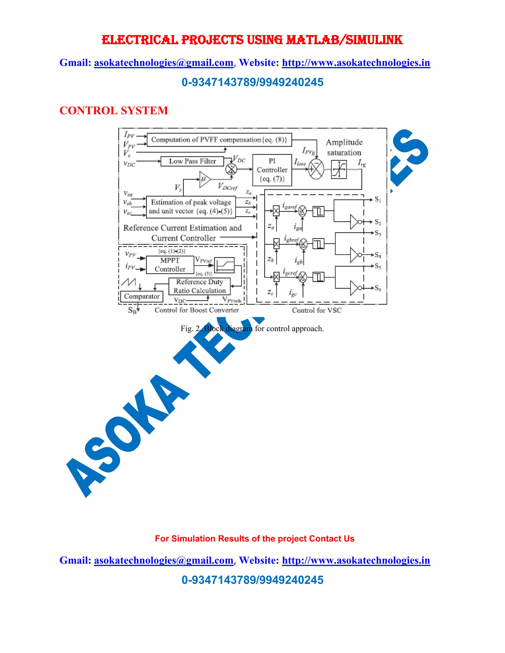 ELECTRICAL PROJECTS USING MATLAB/SIMULINK
Gmail: asokatechnologies@gmail.com, Website: http://www.asokatechnologies.in
0-9347143789/9949240245
For Simulation Results of the project Contact Us
Gmail: asokatechnologies@gmail.com, Website: http://www.asokatechnologies.in
0-9347143789/9949240245
CONTROL SYSTEM
Fig. 2. Block diagram for control approach.
 