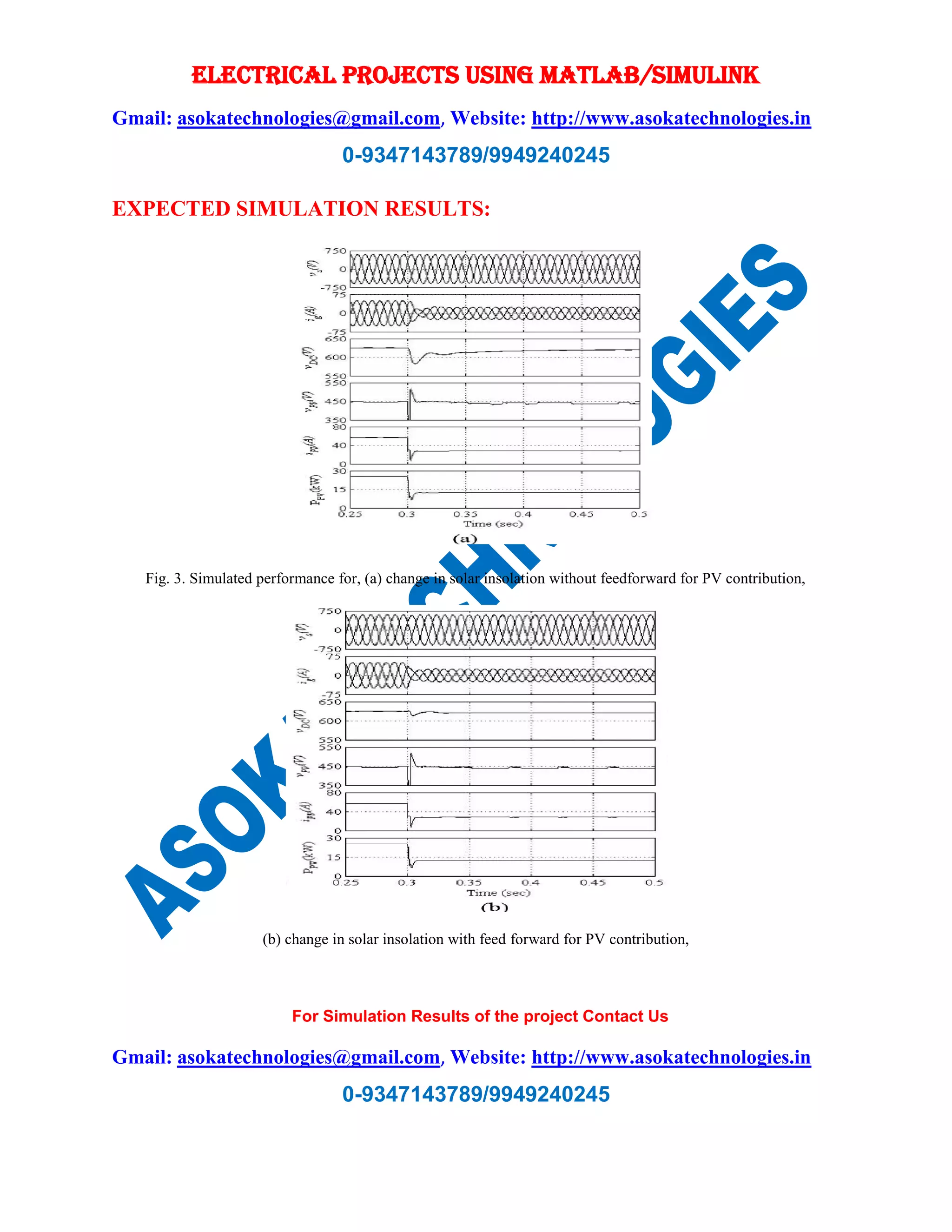 ELECTRICAL PROJECTS USING MATLAB/SIMULINK
Gmail: asokatechnologies@gmail.com, Website: http://www.asokatechnologies.in
0-9347143789/9949240245
For Simulation Results of the project Contact Us
Gmail: asokatechnologies@gmail.com, Website: http://www.asokatechnologies.in
0-9347143789/9949240245
EXPECTED SIMULATION RESULTS:
Fig. 3. Simulated performance for, (a) change in solar insolation without feedforward for PV contribution,
(b) change in solar insolation with feed forward for PV contribution,
 