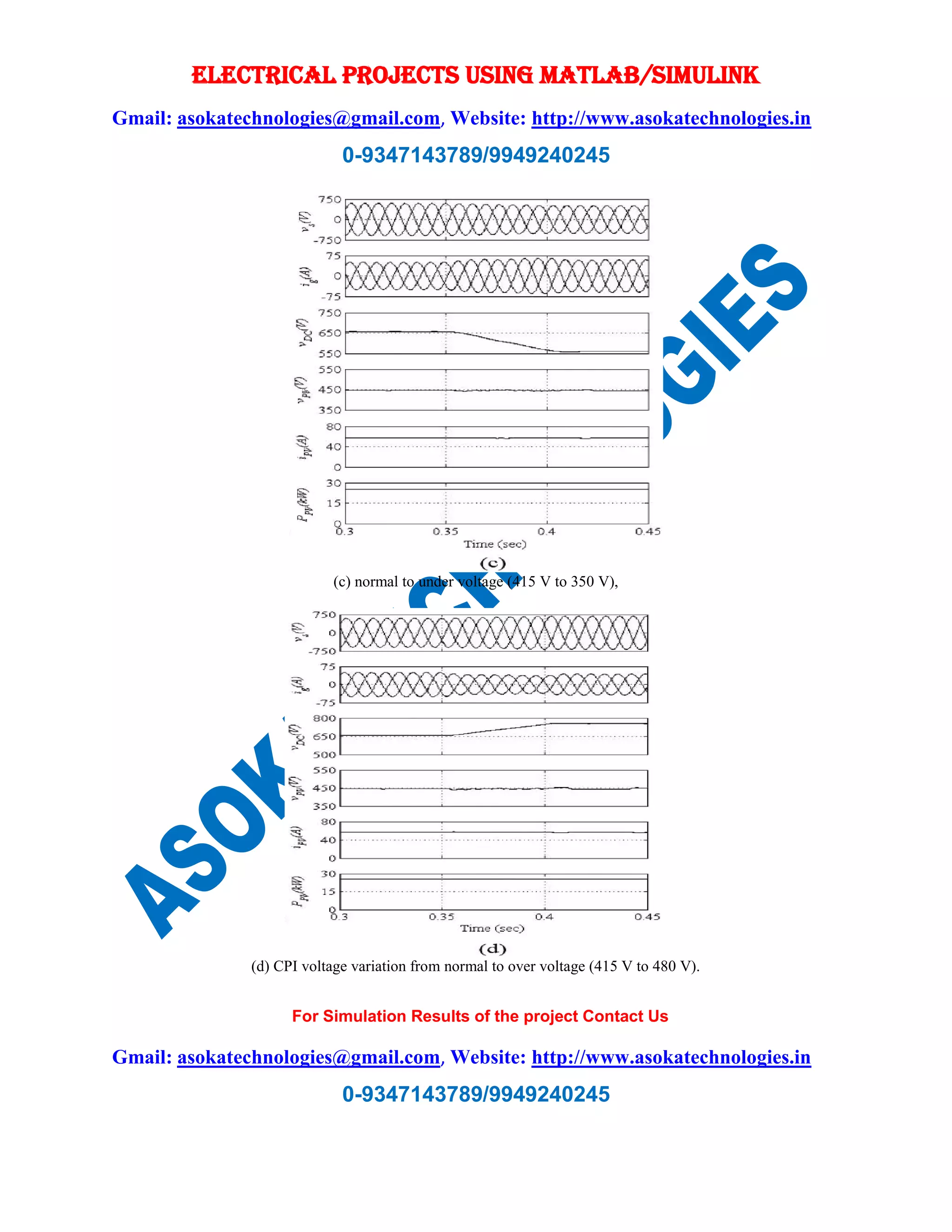 ELECTRICAL PROJECTS USING MATLAB/SIMULINK
Gmail: asokatechnologies@gmail.com, Website: http://www.asokatechnologies.in
0-9347143789/9949240245
For Simulation Results of the project Contact Us
Gmail: asokatechnologies@gmail.com, Website: http://www.asokatechnologies.in
0-9347143789/9949240245
(c) normal to under voltage (415 V to 350 V),
(d) CPI voltage variation from normal to over voltage (415 V to 480 V).
 