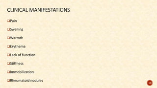 Pain
Swelling
Warmth
Erythema
Lack of function
Stiffness
Immobilization
Rheumatoid nodules
10
 