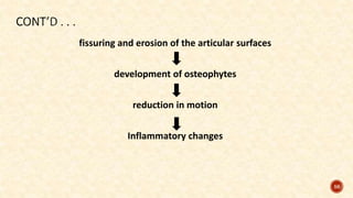 56
fissuring and erosion of the articular surfaces
development of osteophytes
reduction in motion
Inflammatory changes
 