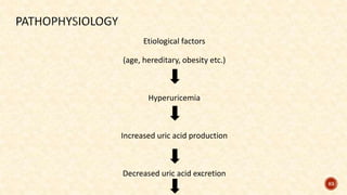 Etiological factors
(age, hereditary, obesity etc.)
Hyperuricemia
Increased uric acid production
Decreased uric acid excretion
83
 