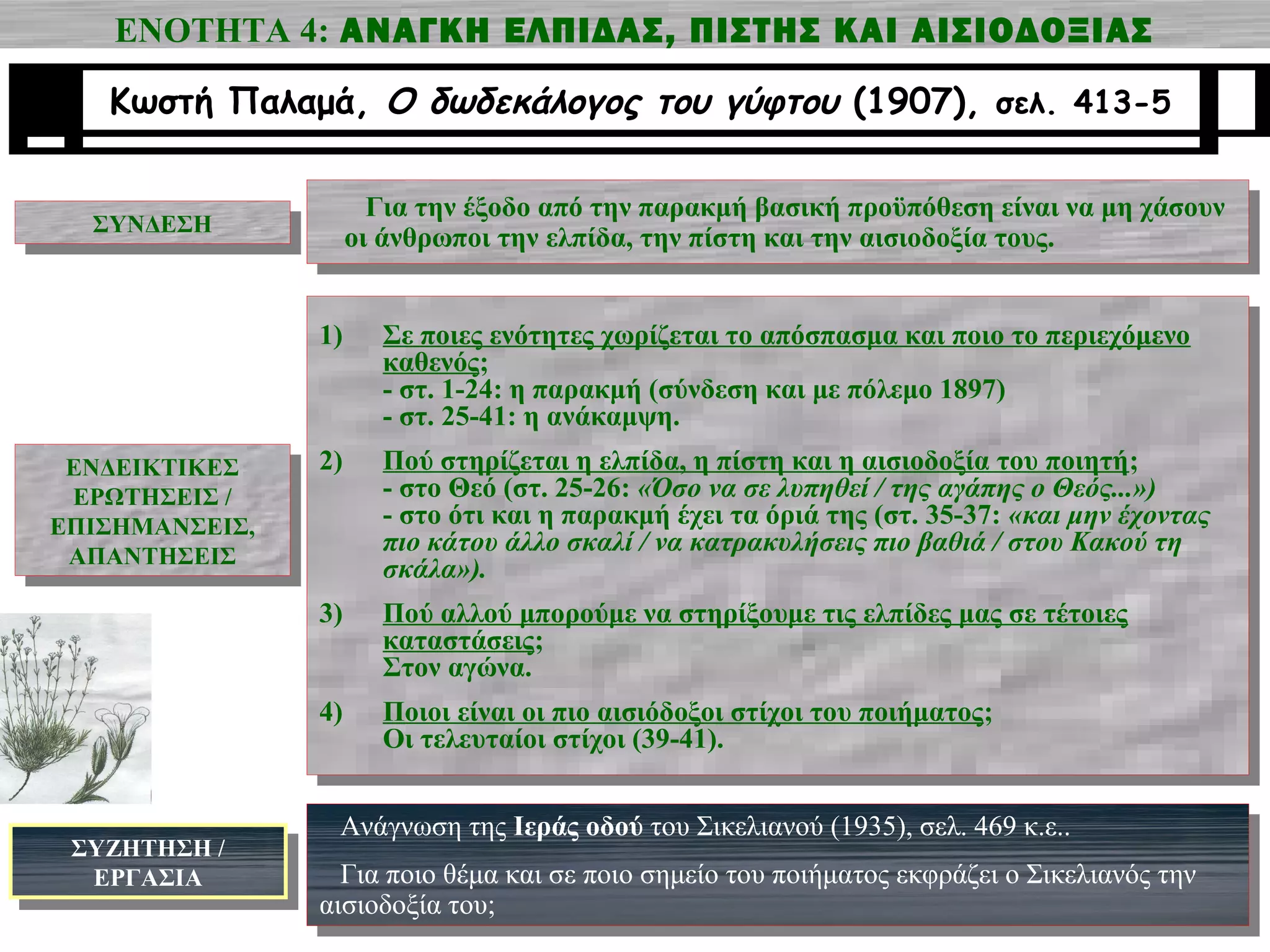 ΕΝΟΤΗΤΑ 4: ΑΝΑΓΚΗ ΕΛΠΙΔΑΣ, ΠΙΣΤΗΣ ΚΑΙ ΑΙΣΙΟΔΟΞΙΑΣ
Κωστή Παλαμά, Ο δωδεκάλογος του γύφτου (1907), σελ. 413-5
ΣΥΝΔΕΣΗΣΥΝΔΕΣΗ
ΕΝΔΕΙΚΤΙΚΕΣ
ΕΡΩΤΗΣΕΙΣ /
ΕΠΙΣΗΜΑΝΣΕΙΣ,
ΑΠΑΝΤΗΣΕΙΣ
ΕΝΔΕΙΚΤΙΚΕΣ
ΕΡΩΤΗΣΕΙΣ /
ΕΠΙΣΗΜΑΝΣΕΙΣ,
ΑΠΑΝΤΗΣΕΙΣ
ΣΥΖΗΤΗΣΗ /
ΕΡΓΑΣΙΑ
ΣΥΖΗΤΗΣΗ /
ΕΡΓΑΣΙΑ
Για την έξοδο από την παρακμή βασική προϋπόθεση είναι να μη χάσουν
οι άνθρωποι την ελπίδα, την πίστη και την αισιοδοξία τους.
Για την έξοδο από την παρακμή βασική προϋπόθεση είναι να μη χάσουν
οι άνθρωποι την ελπίδα, την πίστη και την αισιοδοξία τους.
1) Σε ποιες ενότητες χωρίζεται το απόσπασμα και ποιο το περιεχόμενο
καθενός;
- στ. 1-24: η παρακμή (σύνδεση και με πόλεμο 1897)
- στ. 25-41: η ανάκαμψη.
2) Πού στηρίζεται η ελπίδα, η πίστη και η αισιοδοξία του ποιητή;
- στο Θεό (στ. 25-26: «Όσο να σε λυπηθεί / της αγάπης ο Θεός...»)
- στο ότι και η παρακμή έχει τα όριά της (στ. 35-37: «και μην έχοντας
πιο κάτου άλλο σκαλί / να κατρακυλήσεις πιο βαθιά / στου Κακού τη
σκάλα»).
3) Πού αλλού μπορούμε να στηρίξουμε τις ελπίδες μας σε τέτοιες
καταστάσεις;
Στον αγώνα.
4) Ποιοι είναι οι πιο αισιόδοξοι στίχοι του ποιήματος;
Οι τελευταίοι στίχοι (39-41).
1) Σε ποιες ενότητες χωρίζεται το απόσπασμα και ποιο το περιεχόμενο
καθενός;
- στ. 1-24: η παρακμή (σύνδεση και με πόλεμο 1897)
- στ. 25-41: η ανάκαμψη.
2) Πού στηρίζεται η ελπίδα, η πίστη και η αισιοδοξία του ποιητή;
- στο Θεό (στ. 25-26: «Όσο να σε λυπηθεί / της αγάπης ο Θεός...»)
- στο ότι και η παρακμή έχει τα όριά της (στ. 35-37: «και μην έχοντας
πιο κάτου άλλο σκαλί / να κατρακυλήσεις πιο βαθιά / στου Κακού τη
σκάλα»).
3) Πού αλλού μπορούμε να στηρίξουμε τις ελπίδες μας σε τέτοιες
καταστάσεις;
Στον αγώνα.
4) Ποιοι είναι οι πιο αισιόδοξοι στίχοι του ποιήματος;
Οι τελευταίοι στίχοι (39-41).
Ανάγνωση της Ιεράς οδού του Σικελιανού (1935), σελ. 469 κ.ε..
Για ποιο θέμα και σε ποιο σημείο του ποιήματος εκφράζει ο Σικελιανός την
αισιοδοξία του;
Ανάγνωση της Ιεράς οδού του Σικελιανού (1935), σελ. 469 κ.ε..
Για ποιο θέμα και σε ποιο σημείο του ποιήματος εκφράζει ο Σικελιανός την
αισιοδοξία του;
 