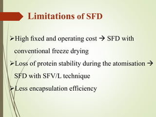Limitations of SFD
High ﬁxed and operating cost  SFD with
conventional freeze drying
Loss of protein stability during the atomisation 
SFD with SFV/L technique
Less encapsulation efficiency
 