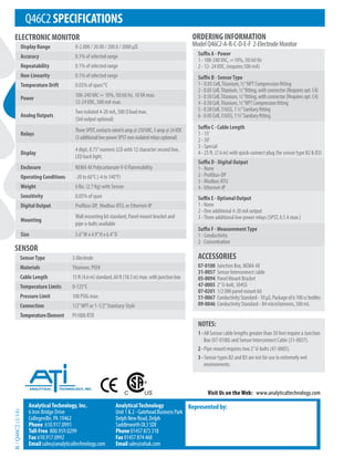 Q46C2SPECIFICATIONS
ELECTRONIC MONITOR
Suffix A - Power
1 - 100-240VAC, +/-10%, 50/60 Hz
2 - 12- 24VDC, (requires 500 mA)
Suffix B - SensorType
1 - 0.05 Cell,Titanium, ½”NPT Compression fitting
2-0.05Cell,Titanium,½”fitting,withconnector(Requiresopt.C4)
3-0.50Cell,Titanium,½”fitting,withconnector(Requiresopt.C4)
4-0.50Cell,Titanium,½”NPTCompressionfitting
5-0.50Cell,316SS,1½”Sanitaryfitting
6-0.05Cell,316SS,1½”Sanitaryfitting
Suffix C - Cable Length
1 - 15’
2 - 30’
3 - Special
4 - 25 ft. (7.6 m) with quick-connect plug (for sensor type B2 & B3)
Suffix D - Digital Output
1 - None
2 - Profibus-DP
3 - Modbus-RTU
4 - Ethernet-IP
Suffix E - Optional Output
1 - None
2 - One additional 4-20 mA output
3 -Three additional low power relays (SPST, 0.5 A max.)
Suffix F - MeasurementType
1 - Conductivity
2 - Concentration
ACCESSORIES
07-0100 Junction Box, NEMA 4X
31-0057 Sensor Interconnect cable
05-0094 Panel Mount Bracket
47-0005 2”U-bolt, 304SS
07-0201 1/2 DIN panel mount kit
51-0067 ConductivityStandard-10μS,Packageof6100ccbottles
09-0046 Conductivity Standard - 84 microSiemens, 500 mL
ORDERING INFORMATION
ModelQ46C2-A-B-C-D-E-F 2-ElectrodeMonitor
Represented by:
AnalyticalTechnology, Inc.
6 Iron Bridge Drive
Collegeville, PA 19462
Phone 610.917.0991
Toll-Free 800.959.0299
Fax 610.917.0992
Email sales@analyticaltechnology.com
AnalyticalTechnology
Unit1&2-GateheadBusinessPark
DelphNewRoad,Delph
SaddleworthOL35DE
Phone01457873318
Fax01457874468
Emailsales@atiuk.com
B
/
Q46C2
(1/14)
SensorType 2-Electrode
Materials Titanium; PEEK
Cable Length 15ft(4.6m)standard,60ft(18.3m)max.withjunctionbox
Temperature Limits 0-125°C
Pressure Limit 100 PSIG max.
Connection 1/2”NPT or 1-1/2”Stanitary-Style
TemperatureElement Pt1000 RTD
SENSOR
Display Range 0-2.000 / 20.00 / 200.0 / 2000 μS
Accuracy 0.1% of selected range
Repeatability 0.1% of selected range
Non-Linearity 0.1% of selected range
Temperature Drift 0.03% of span/°C
Power
100-240VAC +/- 10%, 50/60 Hz, 10VA max.
12-24VDC, 500 mA max.
Analog Outputs
Two isolated 4-20 mA, 500 Ωloadmax.
(3rdoutputoptional)
Relays
ThreeSPDT,contactsrated6amp@250VAC,5amp@24VDC
(3additionallowpowerSPSTnon-isolatedrelaysoptional)
Display
4 digit, 0.75”numeric LCD with 12 character second line,
LED back light.
Enclosure NEMA 4X PolycarbonateV-0 Flammability
Operating Conditions -20 to 60°C (-4 to 140°F)
Weight 6 lbs. (2.7 Kg) with Sensor
Sensitivity 0.05% of span
Digital Output Profibus-DP, Modbus-RTU, or Ethernet-IP
Mounting
Wall mounting kit standard, Panel mount bracket and
pipe u-bolts available
Size 5.6”W x 4.9”H x 6.4”D
Visit Us on the Web: www.analyticaltechnology.com
NOTES:
1-All Sensor cable lengths greater than 30 feet require a Junction
Box (07-0100) and Sensor Interconnect Cable (31-0057).
2-Pipe mount requires two 2”U-bolts (47-0005).
3 - Sensor types B2 and B3 are not for use in extremely wet
environments.
 