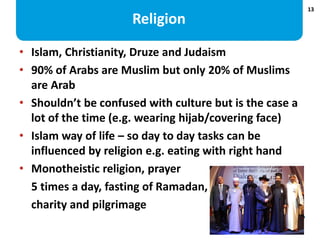 13
Religion
• Islam, Christianity, Druze and Judaism
• 90% of Arabs are Muslim but only 20% of Muslims
are Arab
• Shouldn’...