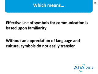 16
Which means…
Effective use of symbols for communication is
based upon familiarity
Without an appreciation of language a...