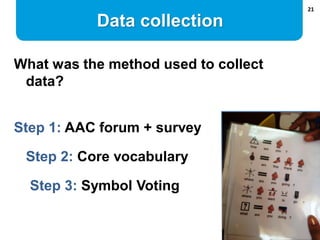 21
What was the method used to collect
data?
Step 1: AAC forum + survey
Step 2: Core vocabulary
Step 3: Symbol Voting
Data...