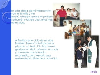 En esta etapa de mi vida conviví
con mi familia y me
divertí, también realice mi primera
comunión y festeje unos años mas
de mi vida.




   Al finalizar este ciclo de mi vida
   también terminó mi etapa en la
   primaria, ya tenia 12 años; fue mi
   graduación de la primaria, un ciclo
   y una meta mas la había
   alcanzado, pero vendría una
   nueva etapa diferente y mas difícil.




                                          Inicio
 