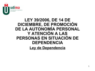 LEY 39/2006, DE 14 DE DICIEMBRE, DE PROMOCIÓN DE LA AUTONOMÍA PERSONAL Y ATENCIÓN A LAS PERSONAS EN SITUACIÓN DE DEPENDENCIA Ley de Dependencia 