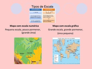 Tipos de Escala




    Mapa com escala numérica          Mapa com escala gráfica
Pequena escala, pouco pormenor,   Grande escala, grande pormenor,
               (grande área)              (área pequena)
 