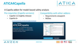 ATICA4Capella
A Capella addon for model-based safety analysis
Pre-requisites (Capella versions)
• Capella 5.2 (nightly release)
• Capella 6+
ANZEN PUBLIC 11
Compatibility with other addons
• Requirements viewpoint
• M2Doc
anzenengineering.com/atica4capella-download/
 