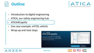 Outline
• Introduction to digital engineering
• ATICA, our safety engineering hub
• ATICA4Capella
• Use case example: eVTOL vehicle
• Wrap-up and next steps
8
ANZEN PUBLIC
 