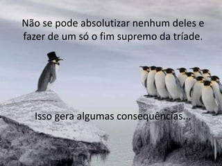 Não se pode absolutizar nenhum deles e
fazer de um só o fim supremo da tríade.
Isso gera algumas consequências...
 