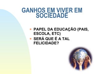 GANHOS EM VIVER EM SOCIEDADE PAPEL DA EDUCAÇÃO (PAIS, ESCOLA, ETC) SERÁ QUE É A TAL FELICIDADE? 