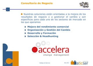 Consultoría de Negocio



        Nuestras soluciones están orientadas a la mejora de los
     resultados de negocio y a gestionar el cambio y son
     específicas para cada uno de los sectores de mercado en
     los que operamos

          Mejora del rendimiento comercial
          Organización y Gestión del Cambio
          Desarrollo y Formación
          Selección & Headhunting




                     Catálogo de Servicios   Año 2013
15
 