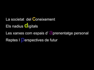 La societat  del coneixementEls nadius digitalsLes xarxes com espais d’ aprenentatge personalReptes I perspectives de futur 