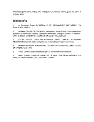 interesados por la clase, no hay tanta participación, curiosidad, interés, gusto etc. como el
profesor quiere
Bibliografía
1. A. Fernández Bravo -DESARROLLO DEL PENSAMIENTO MATEMÁTICO EN
EDUCACIÓN INFANTIL J.
2. MYRIAM ESTHER ORTIZ PADILLA* Universidad Simón Bolívar - Colombia Instituto
Nacional de Formación Técnica Profesional Humberto Velásquez García –Colombia -
COMPETENCIA MATEMÁTICA EN NIÑOS EN EDAD PREESCOLAR
3. EDGAR OLIVER CARDOSO ESPINOSA MARÍA TRINIDAD CERECEDO
MERCADO El desarrollo de las competencias matemáticas en la primera infancia
4. Ministerio Educación de Nacional-ESTÁNDARES BÁSICOS DE COMPETENCIAS
EN MÁTEMÁTICAS 2003
5. Yadira Méndez Acosta-Estrategias para la enseñanza del preescolar+
6. María Frontera Sancho-ADQUISICION DE LOS CONCEPTO MATEMATICOS
BASICOS. UNA PERSPECTIVA COGNITIVA TOMO 1
 
