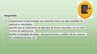 Requisitos:
- proporcionar la terminología que describa todos los tipos posibles de
patrones y resultados.
- permitir que la enfermería se describa de forma resumida y en el nivel
mínimo de abstracción.
- facilitar la recogida de datos, almacenamiento y análisis de los mismos.
- ser estadísticamente útil.
 