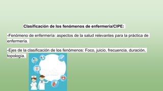 Clasificación de los fenómenos de enfermería/CIPE:
-Fenómeno de enfermería: aspectos de la salud relevantes para la práctica de
enfermería.
-Ejes de la clasificación de los fenómenos: Foco, juicio, frecuencia, duración,
topología.
 