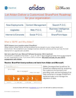 Let Atidan Deliver a Customized SharePoint Roadmap
for your organization:
New Deployments

Content Management

Search P.O.C.

Upgrades

Web P.O.C.

Business Intelligence
P.O.C

Internet & Extranets

Social P.O.C.

SharePoint Apps

Planning Services
What is ‘SDPS’ and Why Atidan?
SDPS Answers your questions about SharePoint:
Atidan delivers expert advice and personalized service based on your unique needs and
environment. We compliment your strategic business direction and ensure that you have the best
deployment or upgrade plan possible.
Get more value from your Microsoft Software Assurance (SA) investment:
This benefit is available at five levels: 1, 3, 5, 10, and 15-day engagement plans that are best aligned
for your organization’s size. If you have SDPS vouchers, Microsoft will pay for your SDPS
engagement with Atidan.

Receive SharePoint best practices and tools from Atidan and Microsoft:
Atidan leverages best practices for
SharePoint deployment by analyzing
the customer environment and
providing tools and technologies that
help customers manage SharePoint
implementation and manage the
migration of data.

Contact the Atidan SDPS team at sdps@atidan.com or call 1-215-825-5045 for additional information
© 2014 Atidan, LLC All rights reserved.

 