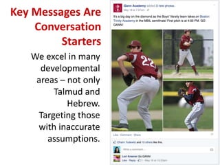 Key Messages Are
Conversation
Starters
We excel in many
developmental
areas – not only
Talmud and
Hebrew.
Targeting those
with inaccurate
assumptions.
 
