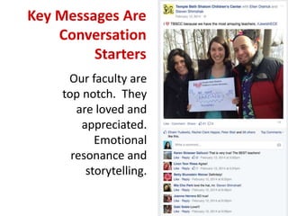 Key Messages Are
Conversation
Starters
Our faculty are
top notch. They
are loved and
appreciated.
Emotional
resonance and
storytelling.
 