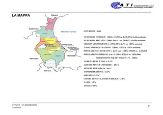 7
LA MAPPA
SUPERFICIE : 2669
NUMERO DI FAMIGLIE (2004): 124,519 su 2,185,839 a livello nazionale
NUMERO DI ABITANTI (2004): 544,413 su 9,910,872 a livello nazionale
CRESCITA DEMOGRAFICA (1994-2004): 2.3% su 1.21% nazionale
TASSO DI DISOCCUPAZIONE (2004): 11.1% su 13.9% nazionale
POPOLAZIONE LAVORATIVA da 15 anni (2004): 195,092 su 3,328,560
POPOLAZIONE IMPIEGATA da 15 (2004): 172,645 su 2,854,690d
SUDDIVISIONE PER SETTORE IN - % - (2004):
AGRICULTURA E PESCA: 5.2%
AZIENDE MANUFATTURIERE : 28.1%
MINIERE ED ENERGIA : 0.6%
AMMINISTRAZIONE : 16.3%
SERVIZI : 35.5%C
COSTRUZIONE E LAVORI PUBBLICI : 13.0%
VARIE : 1.3%
TOTALE 100%
31/08/2010
ATTIVITA' ATI ENGINEERING
 