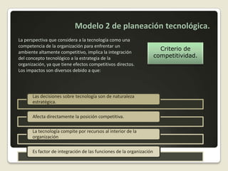 Modelo 2 de planeación tecnológica.La perspectiva que considera a la tecnología como una competencia de la organización para enfrentar un ambiente altamente competitivo, implica la integración del concepto tecnológico a la estrategia de la organización, ya que tiene efectos competitivos directos. Los impactos son diversos debido a que:Criterio de competitividad.