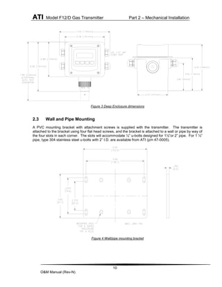 ATI Model F12/D Gas Transmitter Part 2 – Mechanical Installation
10
O&M Manual (Rev-N)
Figure 3 Deep Enclosure dimensions
2.3 Wall and Pipe Mounting
A PVC mounting bracket with attachment screws is supplied with the transmitter. The transmitter is
attached to the bracket using four flat head screws, and the bracket is attached to a wall or pipe by way of
the four slots in each corner. The slots will accommodate ¼” u-bolts designed for 1½”or 2” pipe. For 1 ½”
pipe, type 304 stainless steel u-bolts with 2” I.D. are available from ATI (p/n 47-0005).
Figure 4 Wall/pipe mounting bracket
 
