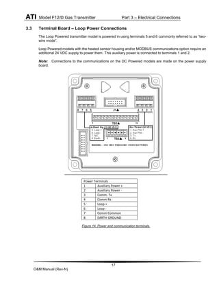 ATI Model F12/D Gas Transmitter Part 3 – Electrical Connections
17
O&M Manual (Rev-N)
3.3 Terminal Board – Loop Power Connections
The Loop Powered transmitter model is powered in using terminals 5 and 6 commonly referred to as “two-
wire mode”.
Loop Powered models with the heated sensor housing and/or MODBUS communications option require an
additional 24 VDC supply to power them. This auxiliary power is connected to terminals 1 and 2.
Note: Connections to the communications on the DC Powered models are made on the power supply
board.
Power Terminals
1 Auxiliary Power +
2 Auxiliary Power -
3 Comm. Tx
4 Comm Rx
5 Loop +
6 Loop -
7 Comm Common
8 EARTH GROUND
Figure 14. Power and communication terminals.
 