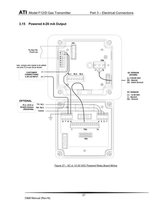 ATI Model F12/D Gas Transmitter Part 3 – Electrical Connections
27
O&M Manual (Rev-N)
3.15 Powered 4-20 mA Output
CUSTOMER
CONNECTIONS
4-20 mA INPUT
+ -
TB3
(L) 115/230 VAC
(N) - Neutral
(G) - Earth Ground
TB4
PLC, DCS or
SCADA System
(RS232/485)
To Aux On
Front Lid
Comm
TX / A(-)
G
RX / B(+)
TB6
1
1
2
3
4
5
6
7
8
2
3
4
5
6
7
1
8
J4a
14
RL3
RL2
RL1
OPTIONAL
(+)
(-)
AC VERSION
(SHOWN)
(+) - 12-30 VDC
(-) - Neutral
(G) - Ground
DC VERSION
Note: Jumper wire needs to be added
from pos (7) to pos (5) as shown
Figure 27 – AC or 12-30 VDC Powered Relay Board Wiring
 