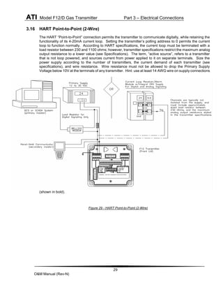 ATI Model F12/D Gas Transmitter Part 3 – Electrical Connections
29
O&M Manual (Rev-N)
3.16 HART Point-to-Point (2-Wire)
The HART “Point-to-Point” connection permits the transmitter to communicate digitally, while retaining the
functionality of its 4-20mA current loop. Setting the transmitter’s polling address to 0 permits the current
loop to function normally. According to HART specifications, the current loop must be terminated with a
load resistor between 230 and 1100 ohms; however, transmitter specifications restrict the maximum analog
output resistance to a lower value (see Specifications). The term, “active source”, refers to a transmitter
that is not loop powered, and sources current from power applied to it on separate terminals. Size the
power supply according to the number of transmitters, the current demand of each transmitter (see
specifications), and wire resistance. Wire resistance must not be allowed to drop the Primary Supply
Voltage below 10V at the terminals of any transmitter. Hint: use at least 14 AWG wire on supply connections
(shown in bold).
Figure 29 - HART Point-to-Point (2-Wire)
 